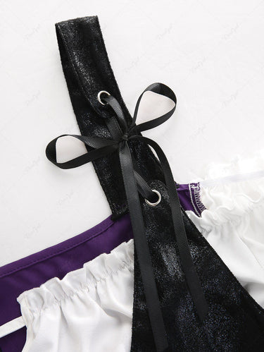 Gothic Plus Size Medieval Renaissance Puff Sleeve V Notch Lace Up Ruched Layered Patchwork Corset Halloween A Line Dress(3 Days Delivery)