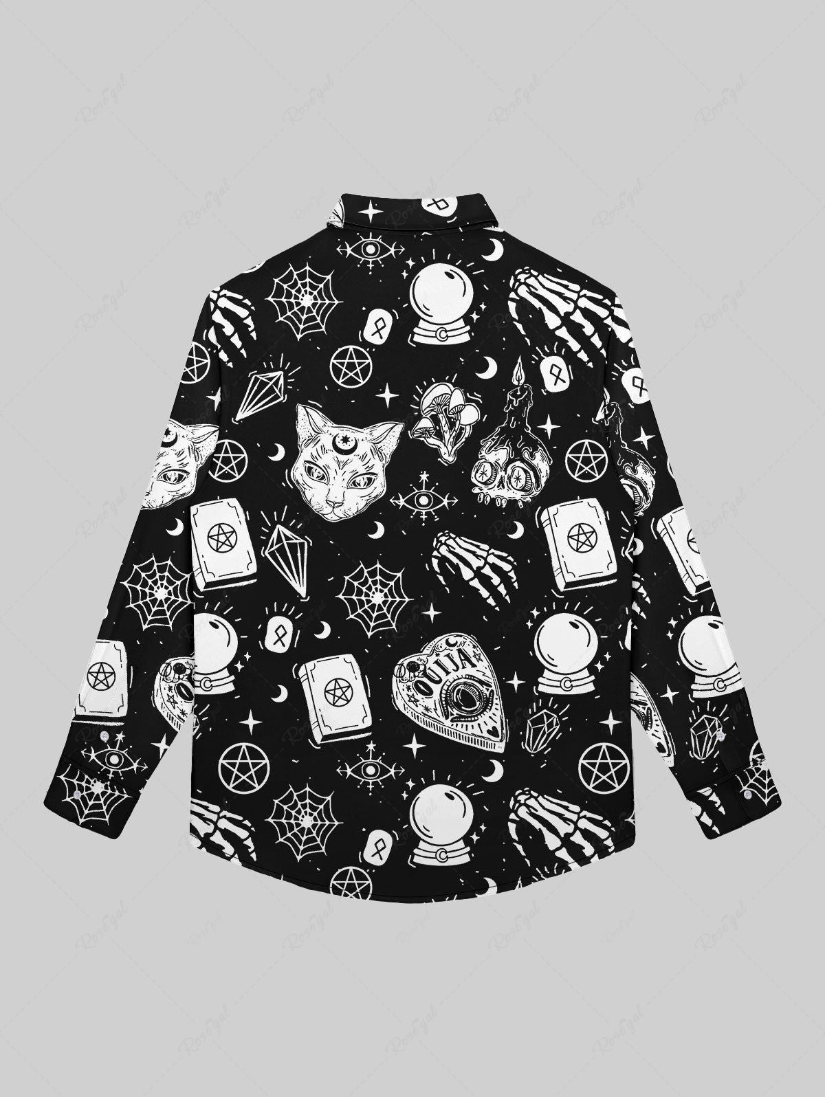 Gothic Galaxy Moon Star Spider Web Skulls Candle Flame Cat Print Button Down Shirt For Men