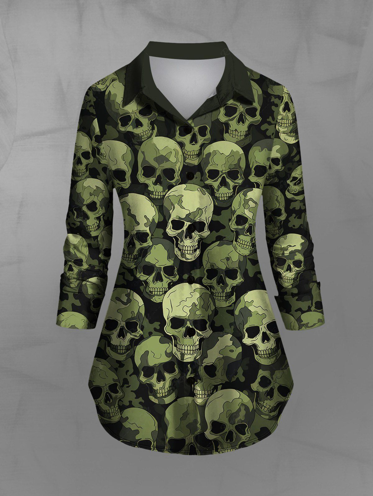 Gothic Turn-down Collar 3D Skulls Print Curved Hem Buttons Shirt