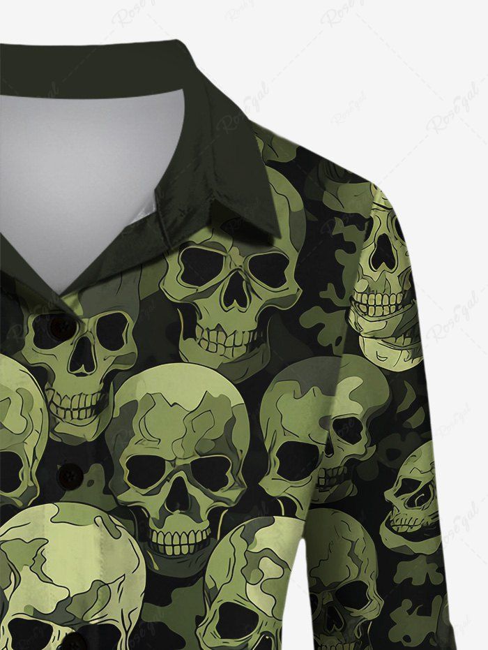 Gothic Turn-down Collar 3D Skulls Print Curved Hem Buttons Shirt