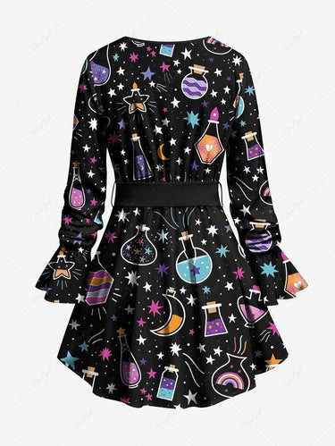 Gothic Plus Size Poet Sleeves Colorful Star Moon Striped Bottle Candle Heart Print Top with Tied Belt