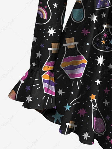 Gothic Plus Size Poet Sleeves Colorful Star Moon Striped Bottle Candle Heart Print Top with Tied Belt