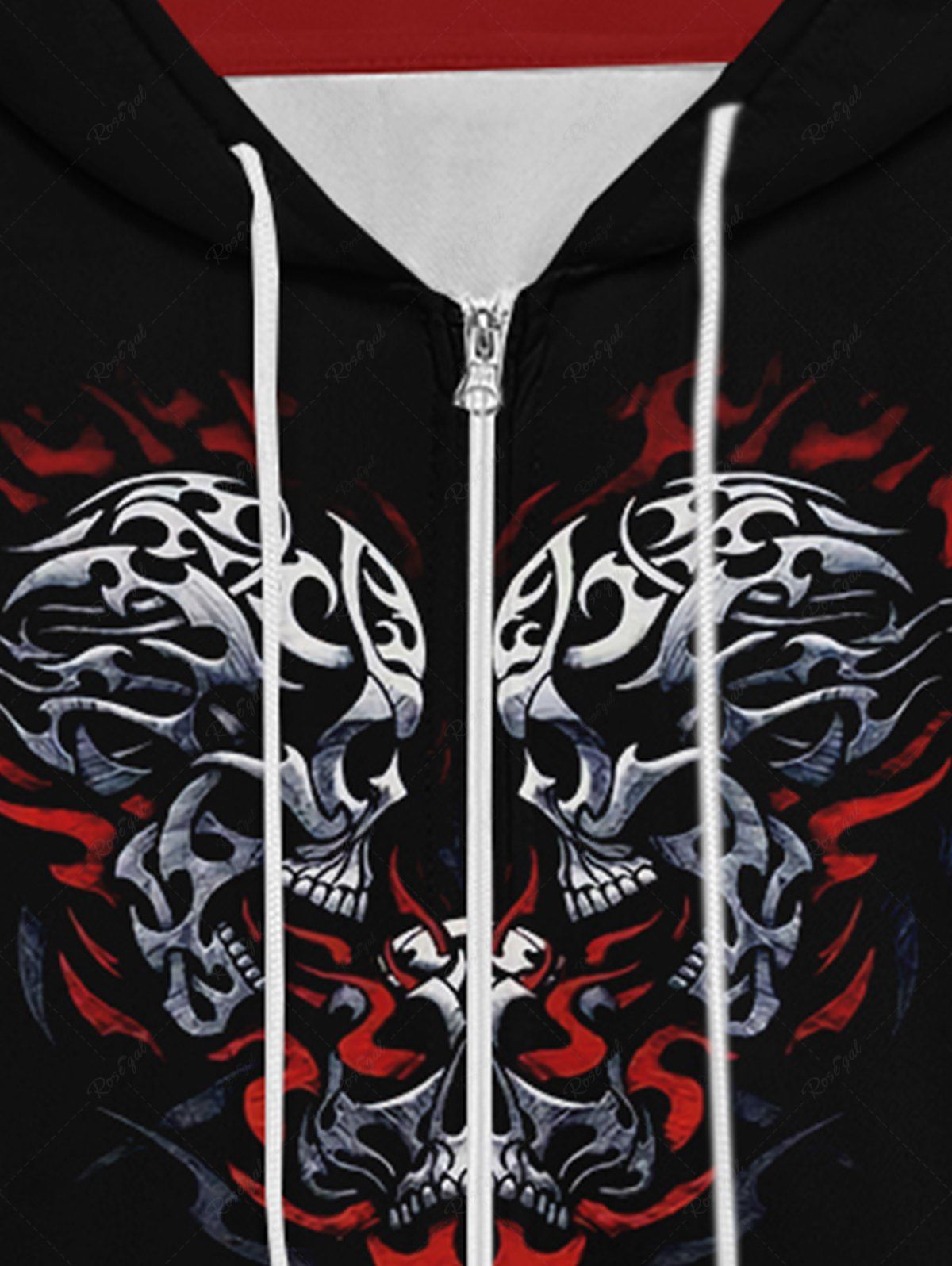 Gothic Skulls Flame Print Pockets Drawstring Zip Up Hoodie For Men