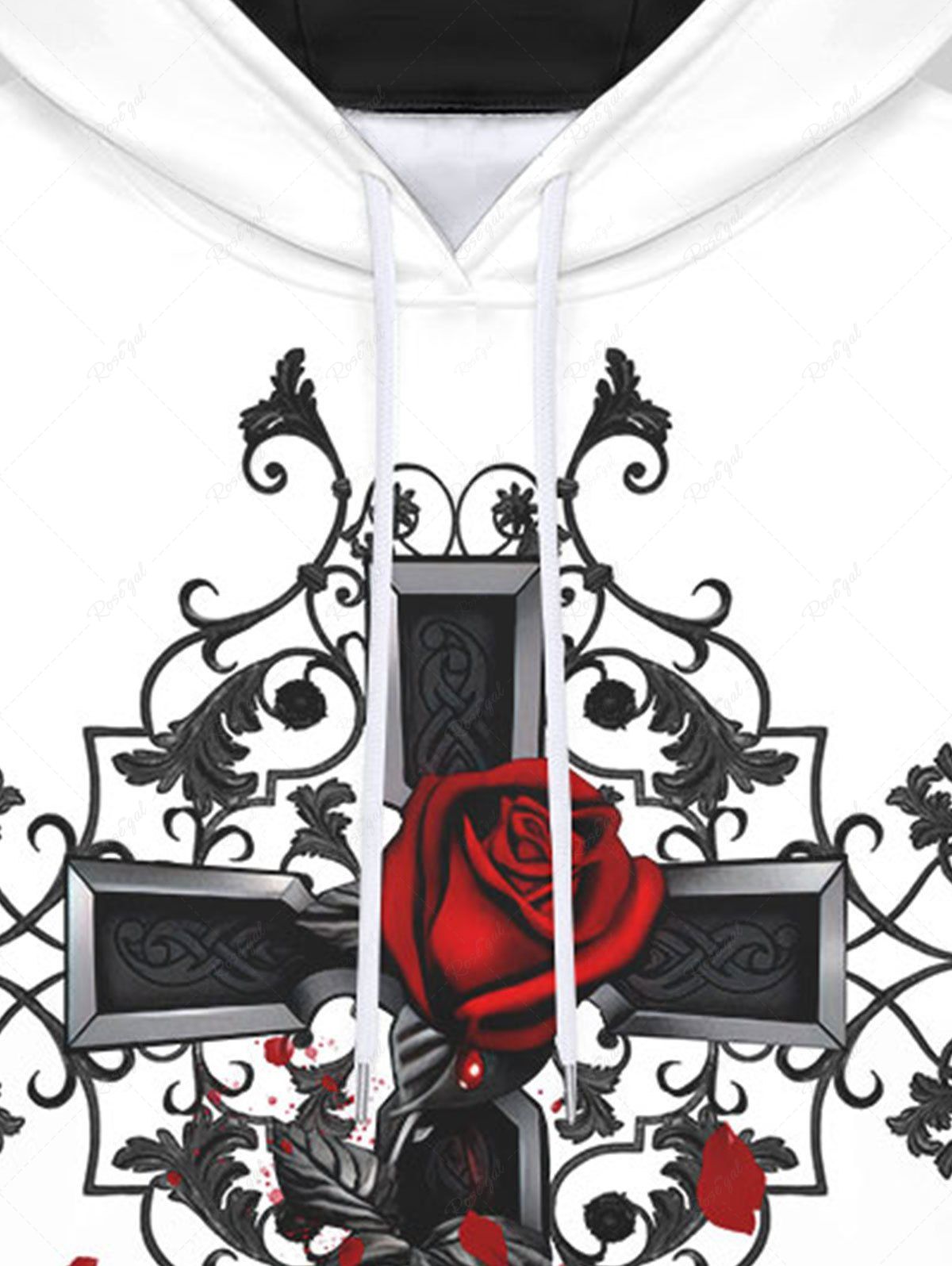 Gothic Cross Rose Flower Leaf Print Pockets Fleece Lining Drawstring Hoodie For Men