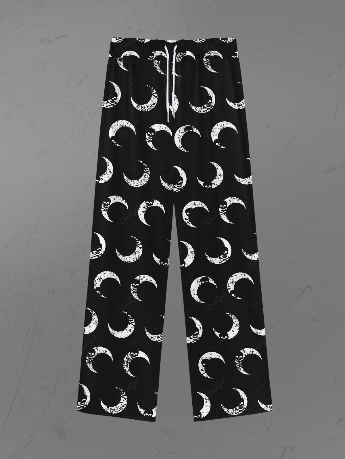 Gothic Skulls Moon Print Wide Leg Drawstring Sweatpants For Men