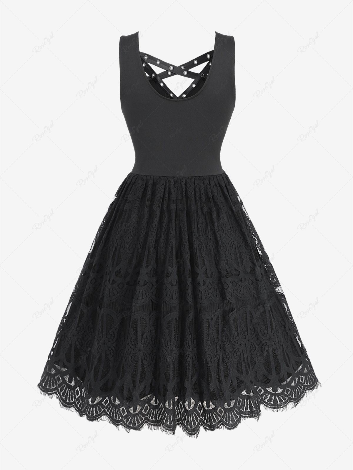 Gothic PU Panel Crisscross Straps Grommet Floral Lace Layered Lace-up Sleeveless Solid Corset A Line Dress