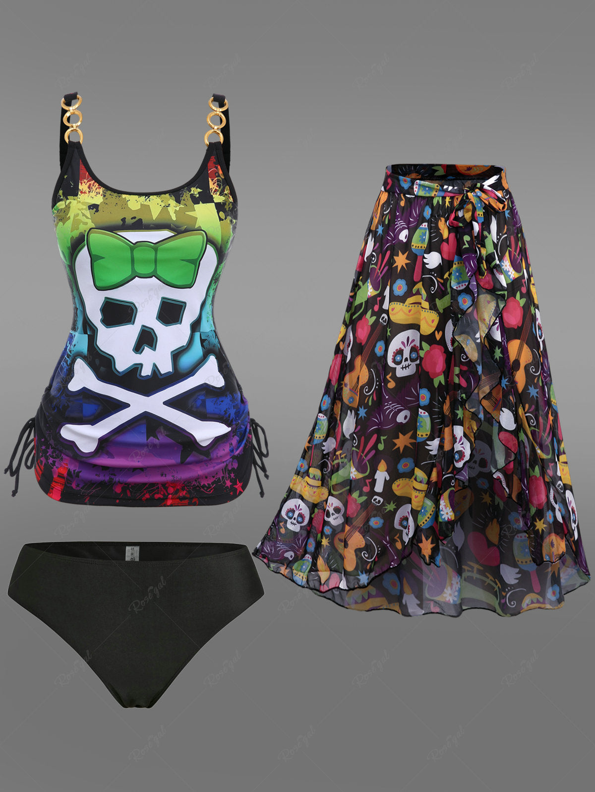 Gothic Skull Bowknot Colorblock Painting Splatter Print Cinched Top and Bottom Tankini Set and Floral Mesh Wrap Flounce Asymmetric Sarong Three Piece Swimsuit
