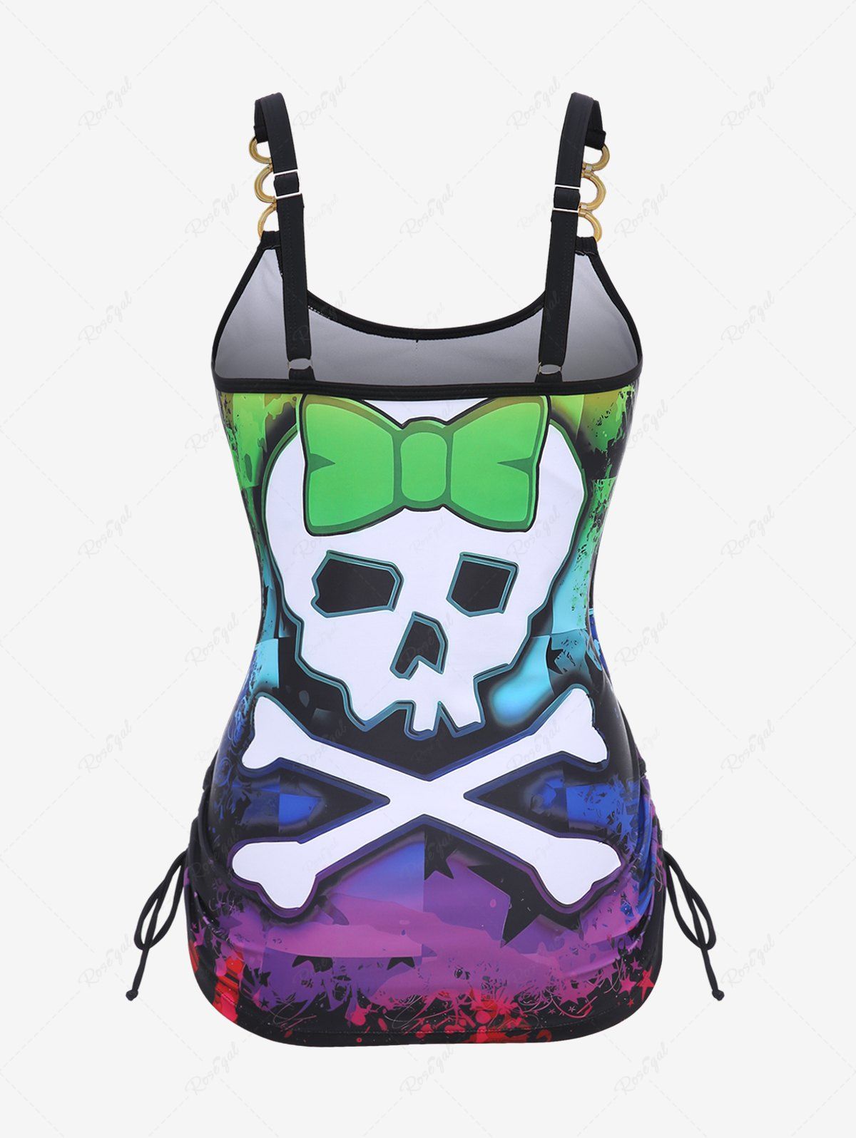 Gothic Skull Bowknot Colorblock Painting Splatter Print Cinched Top and Bottom Tankini Set and Floral Mesh Wrap Flounce Asymmetric Sarong Three Piece Swimsuit