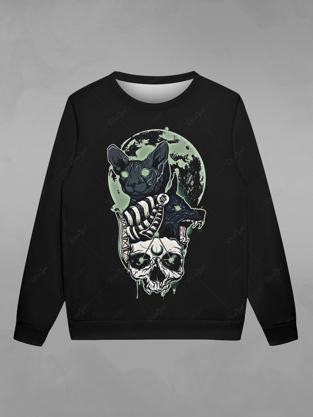 Gothic Moon Skull Cat Wolf Print Crew Neck Sweatshirt For Men