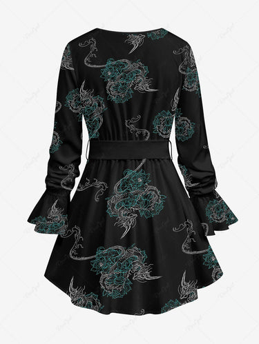 Gothic Plus Size Poet Sleeves Dragon Floral Embroidered Print Top with Tied Belt
