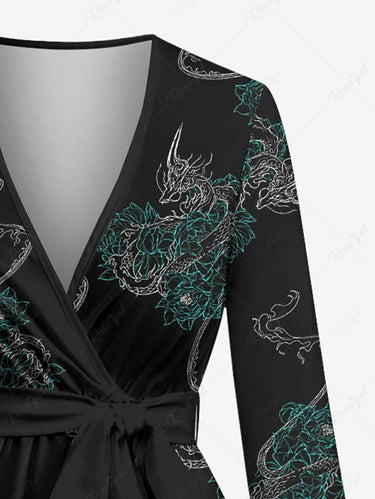 Gothic Plus Size Poet Sleeves Dragon Floral Embroidered Print Top with Tied Belt