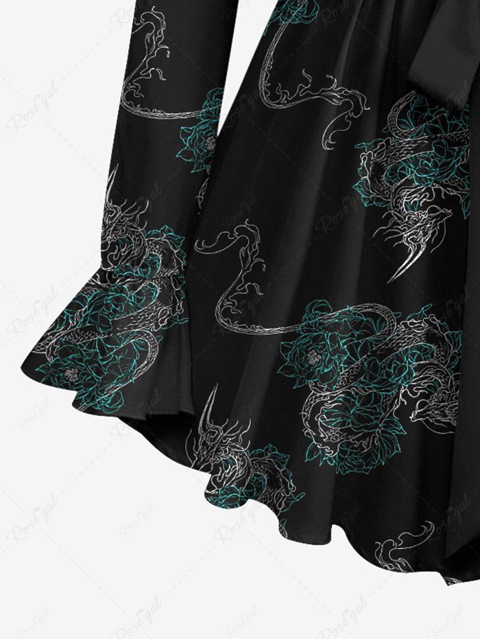 Gothic Poet Sleeves Dragon Floral Embroidered Print Top with Tied Belt