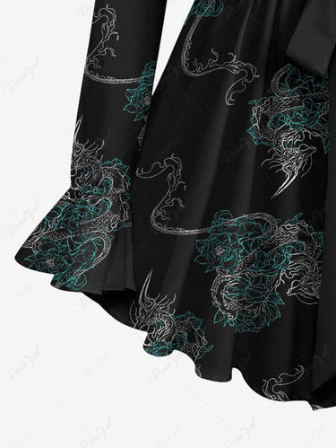 Gothic Plus Size Poet Sleeves Dragon Floral Embroidered Print Top with Tied Belt