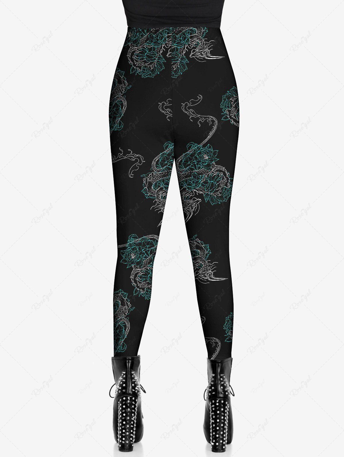 Gothic Dragon Floral Embroidered Print Skinny Leggings