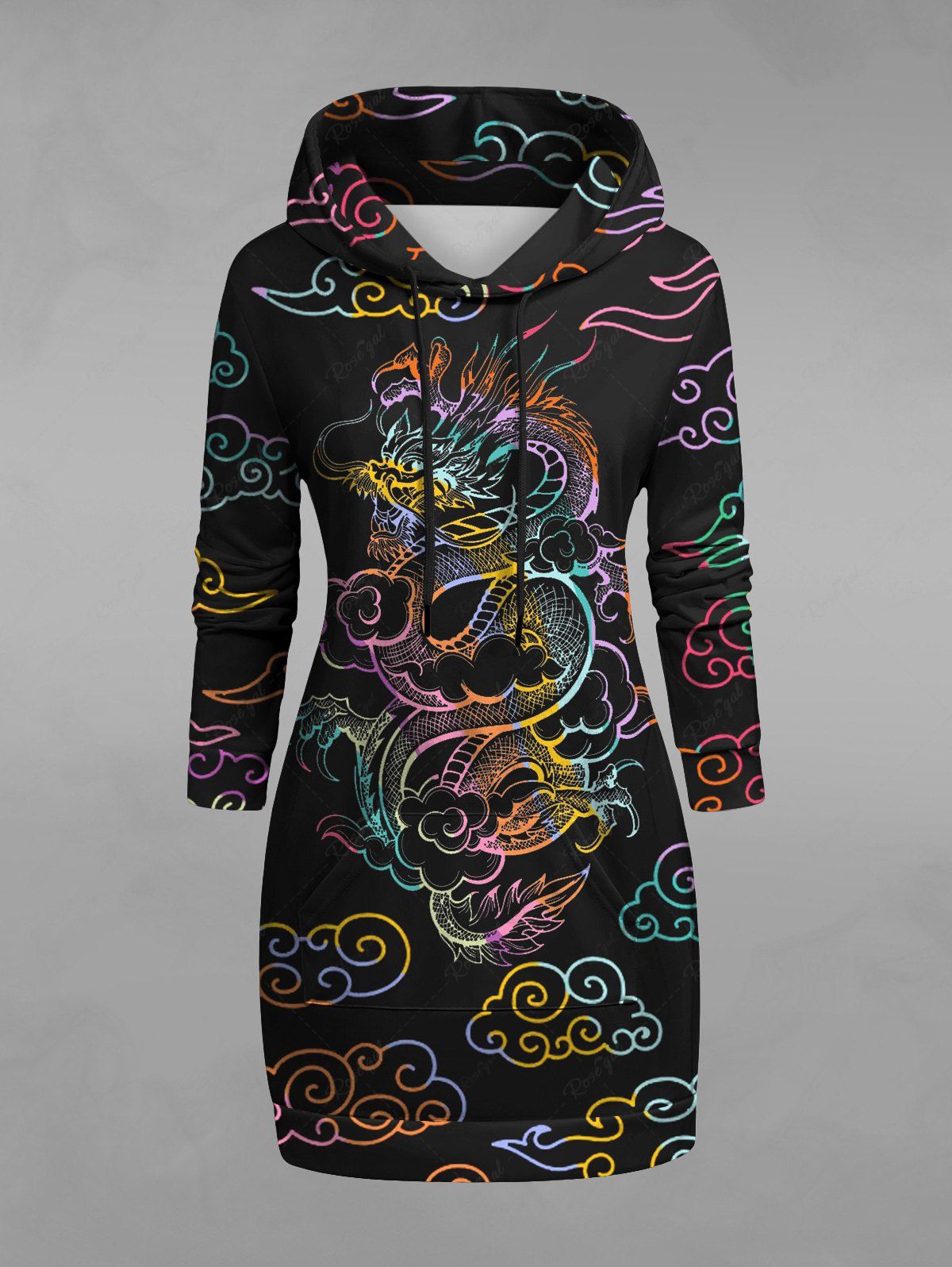 Gothic Colorful Cloud Dragon Print Pocket Drawstring Pullover Long Sleeves Hoodie