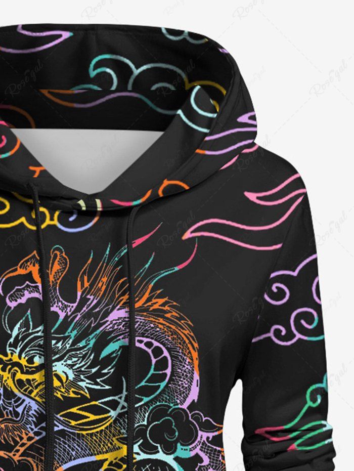 Gothic Colorful Cloud Dragon Print Pocket Drawstring Pullover Long Sleeves Hoodie