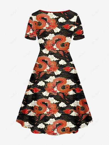 Gothic Plus Size 3D Cloud Dragon Print Cinched A Line Dress