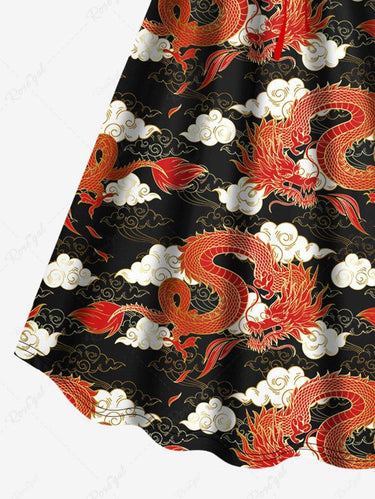 Gothic Plus Size 3D Cloud Dragon Print Cinched A Line Dress
