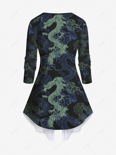 Gothic Plus Size Dragon Cloud Print Patchwork Asymmetric 2 in 1 Long Sleeves Top