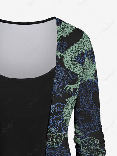 Gothic Plus Size Dragon Cloud Print Patchwork Asymmetric 2 in 1 Long Sleeves Top