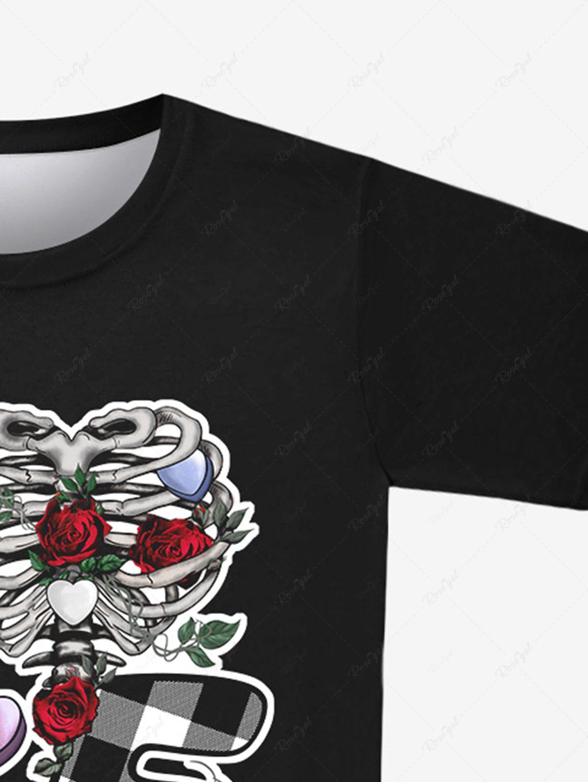 Gothic Skeleton Hand Heart Plaid Letters Rose Flower Print Valentines T-shirt For Men