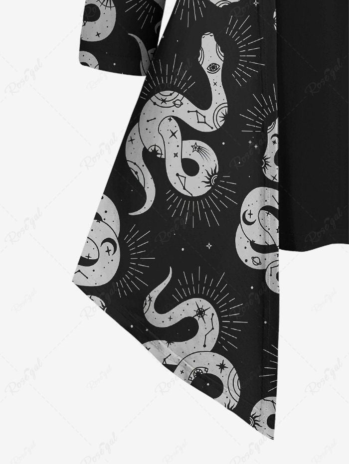 Gothic Glitter Sun Star Eye Snake Print Patchwork Asymmetric 2 in 1 Long Sleeves Top
