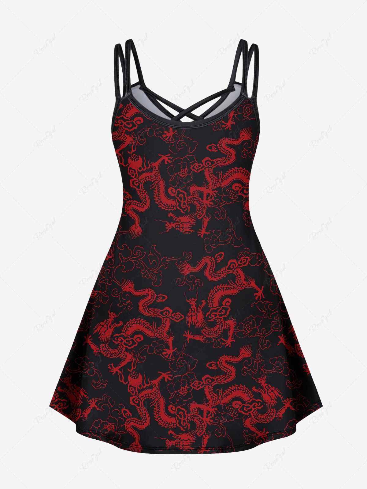 Gothic Dragon Print Backless Crisscross A Line Cami Dress