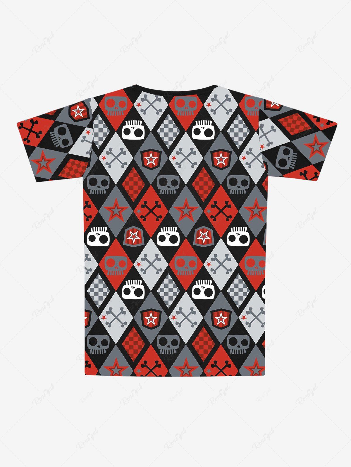Gothic Skulls Plaid Pentagram Geometric Colorblock Print Short Sleeves T-shirt For Men