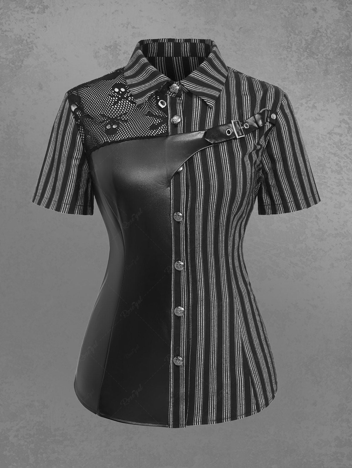 Gothic Turn-down Collar Skull Mesh PU Panel Buckle Grommet Striped Patchwork Full Buttons Shirt