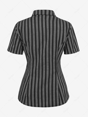 Gothic Plus Size Turn-down Collar Skull Mesh PU Panel Buckle Grommet Striped Patchwork Full Buttons Shirt(3 Days Delivery)