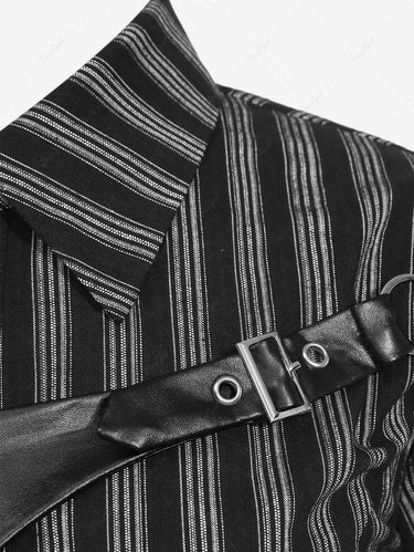 Gothic Plus Size Turn-down Collar Skull Mesh PU Panel Buckle Grommet Striped Patchwork Full Buttons Shirt(3 Days Delivery)