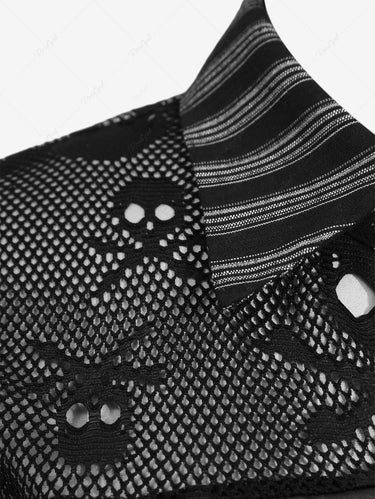 Gothic Plus Size Turn-down Collar Skull Mesh PU Panel Buckle Grommet Striped Patchwork Full Buttons Shirt(3 Days Delivery)