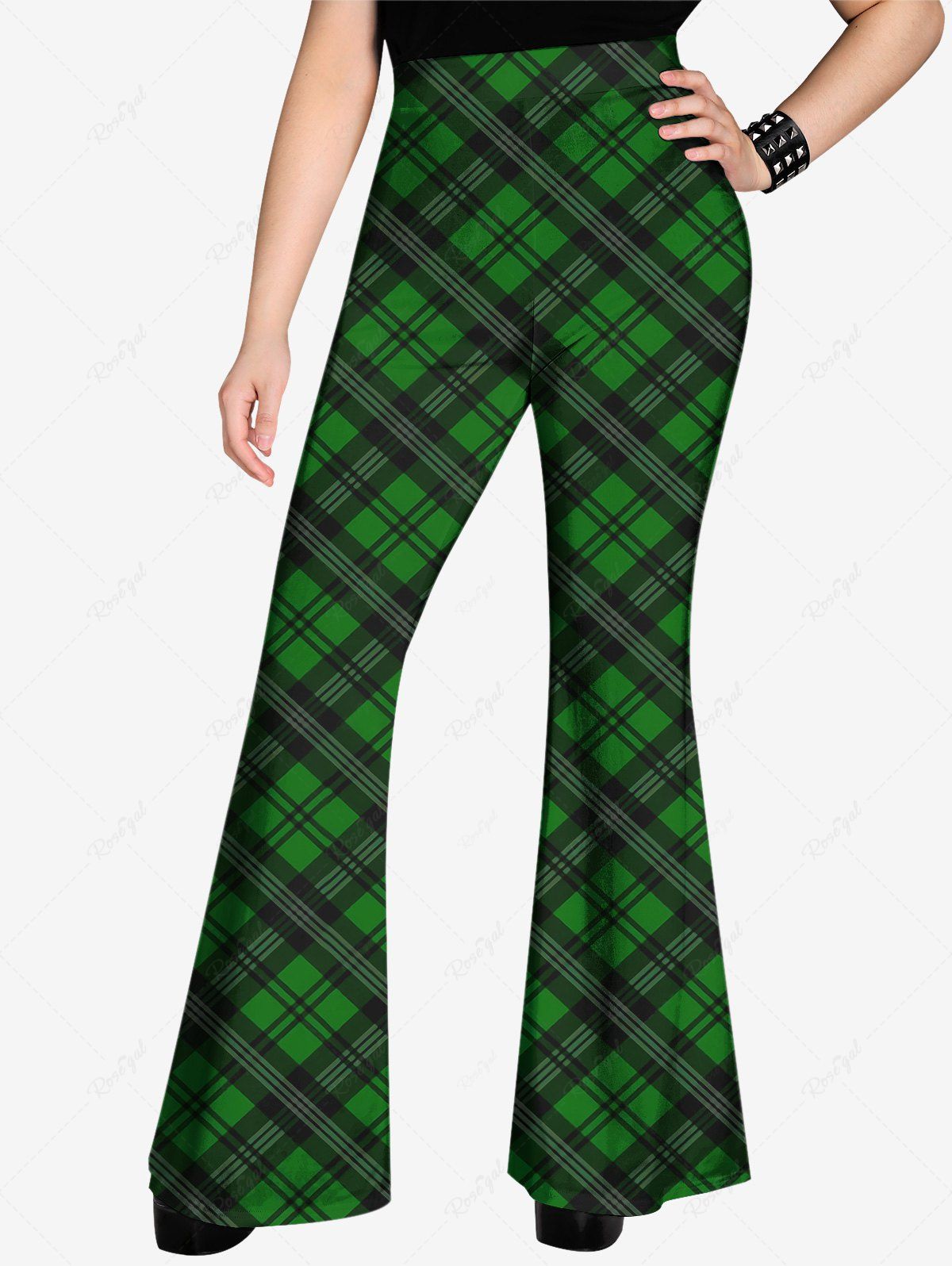 Gothic Plaid Colorblock Print Pull On Flare Pants