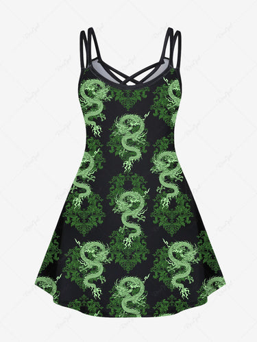 Gothic Plus Size Dragon Vintage Floral Print Crisscross A Line Cami Dress
