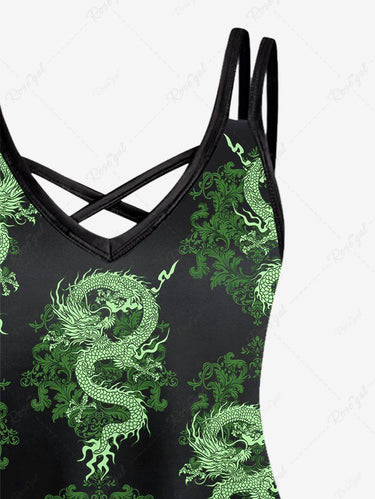 Gothic Plus Size Dragon Vintage Floral Print Crisscross A Line Cami Dress