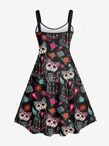 Gothic Plus Size Colorful Floral Cat Heart Wing Print Valentines A Line Backless Dress