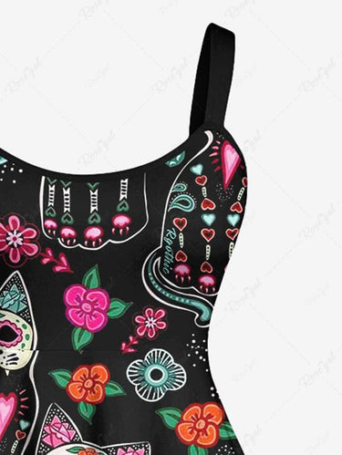 Gothic Plus Size Colorful Floral Cat Heart Wing Print Valentines A Line Backless Dress