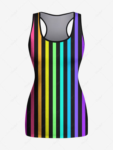 Gothic Plus Size Colorful Ombre Striped Colorblock Print Racerback Tank Top and 3D Skulls Rose Flower Leaf Graphic Skew Neck T-shirt Set