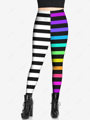 Gothic Plus Size Colorful Ombre Striped Colorblock Print Skinny Leggings