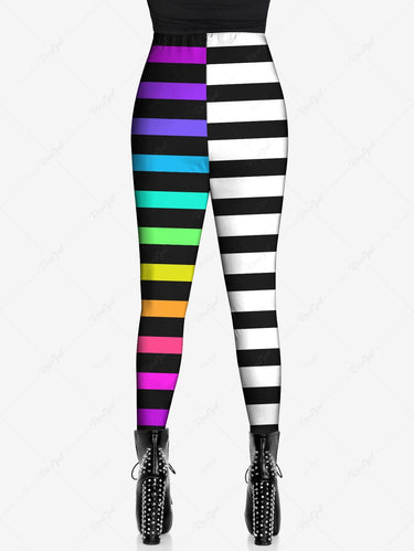 Gothic Plus Size Colorful Ombre Striped Colorblock Print Skinny Leggings