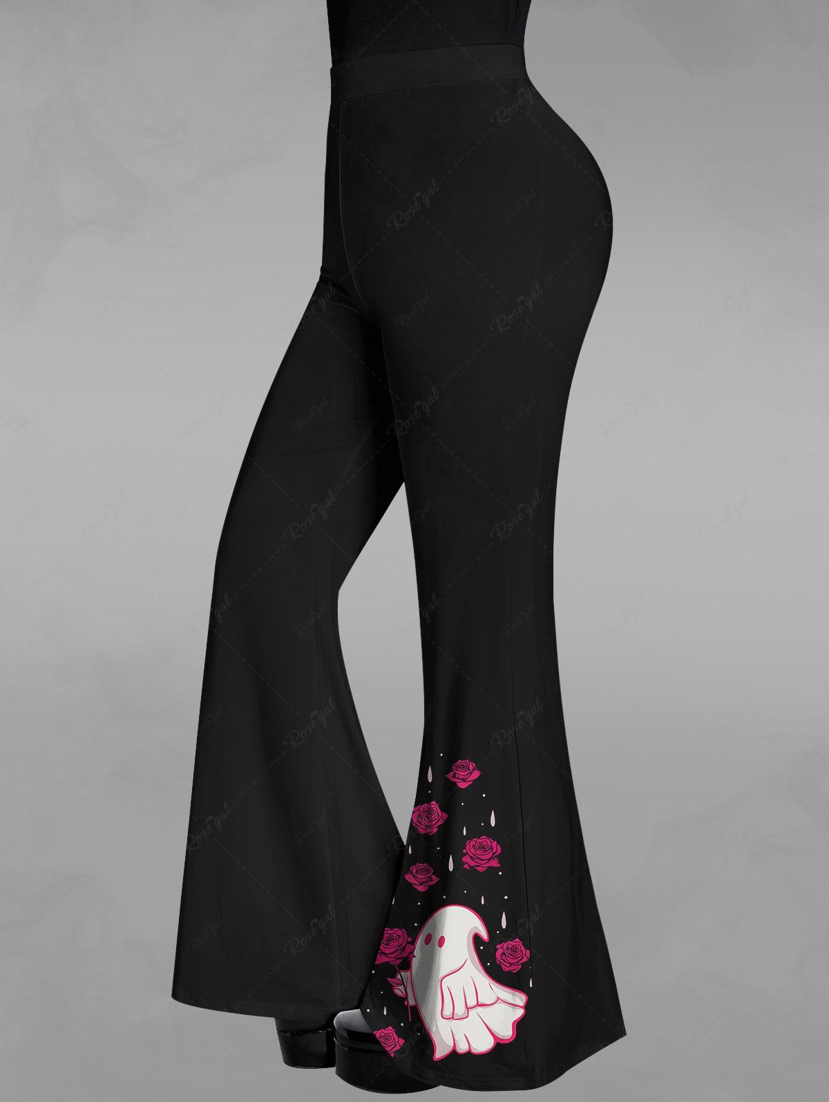 Gothic Rainy Ghost Rose Flower Print Valentines Flare Pants
