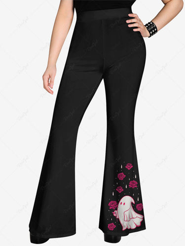 Gothic Plus Size Rainy Ghost Rose Flower Print Valentines Flare Pants