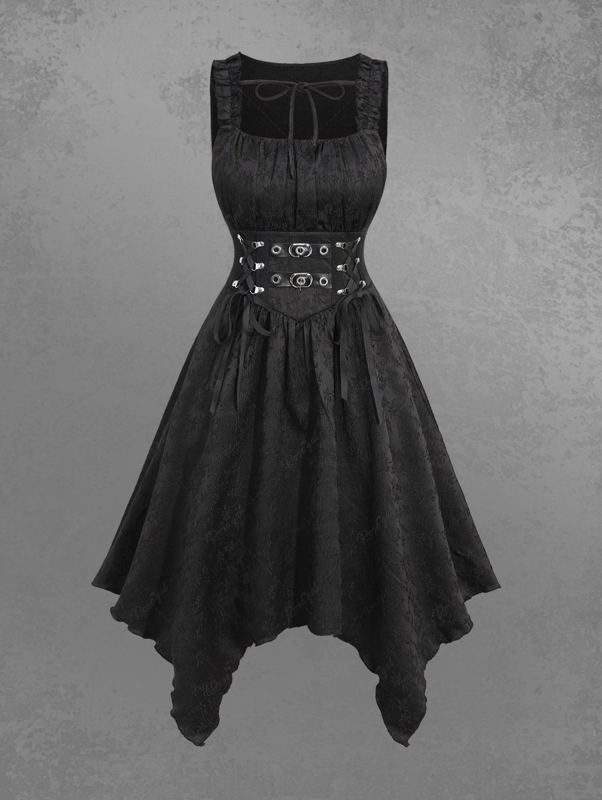Gothic Floral Jacquard Embroidered Bowknot Tied PU Straps Grommet Buckle Ruched Lace Up Solid A Line Handkerchief Dress