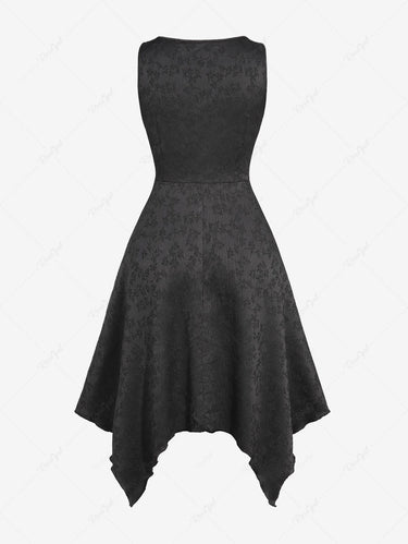 Gothic Plus Size Floral Jacquard Embroidered Bowknot Tied PU Straps Grommet Buckle Ruched Lace Up Solid A Line Handkerchief Dress(3 Days Delivery)