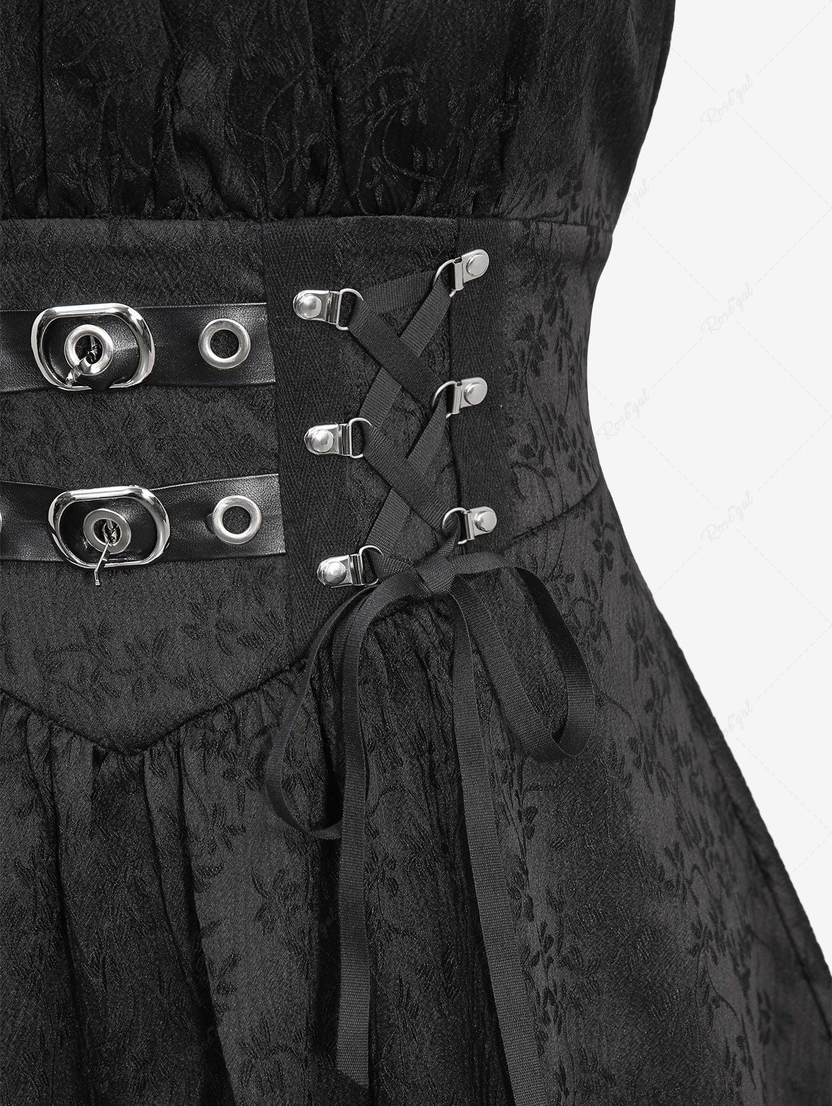 Gothic Floral Jacquard Embroidered Bowknot Tied PU Straps Grommet Buckle Ruched Lace Up Solid A Line Handkerchief Dress
