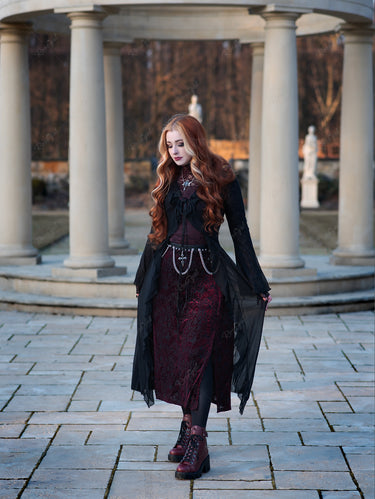 Gothic Bell Sleeves Mesh Lace Flounce Trim Tied Solid Longline Cardigan