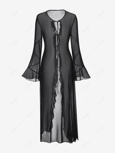 Gothic Bell Sleeves Mesh Lace Flounce Trim Tied Solid Longline Cardigan