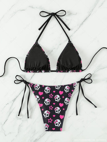 Gothic Plus Size Skull Bowknot Heart Star Print Halter Backless Tied Bikini Set