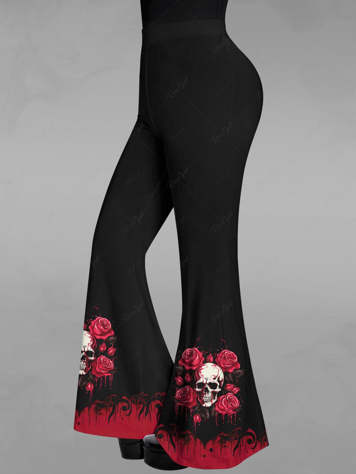 Gothic Bloody Skull Rose Flower Leaf Ink Painting Print Valentines Pull On Flare Pants