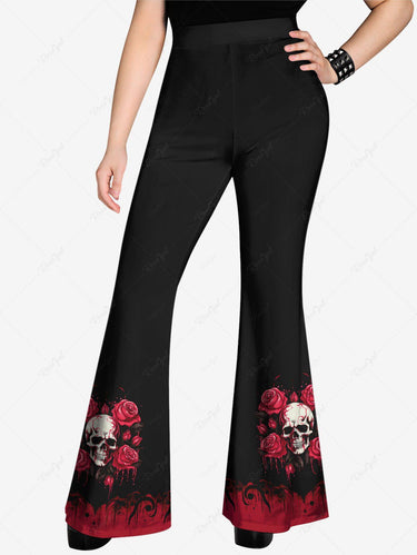 Gothic Plus Size Bloody Skull Rose Flower Leaf Ink Painting Print Valentines Pull On Flare Pants